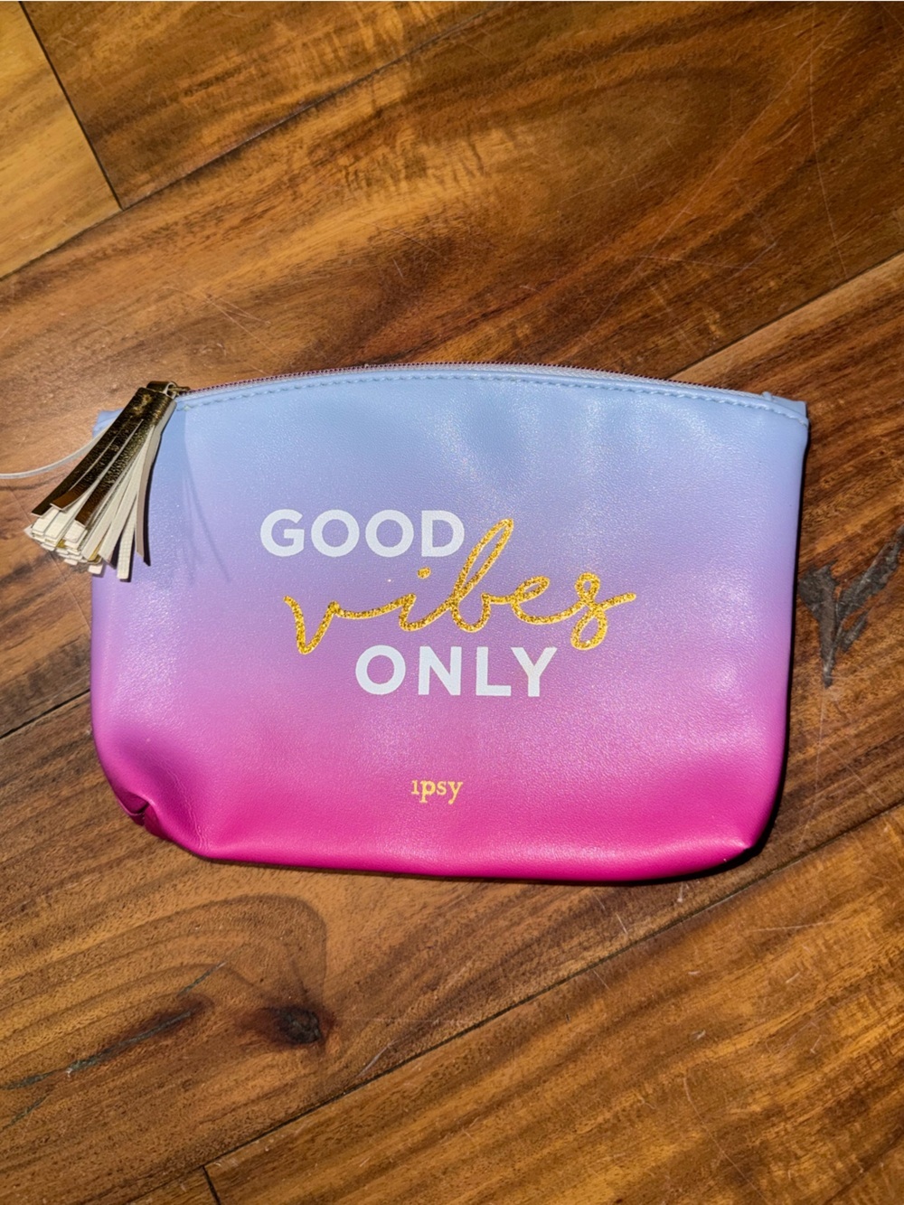 ipsy Ombre Pink to Lavender 'Good Vibes Only' Cosmetic Pouch with Gold Accent